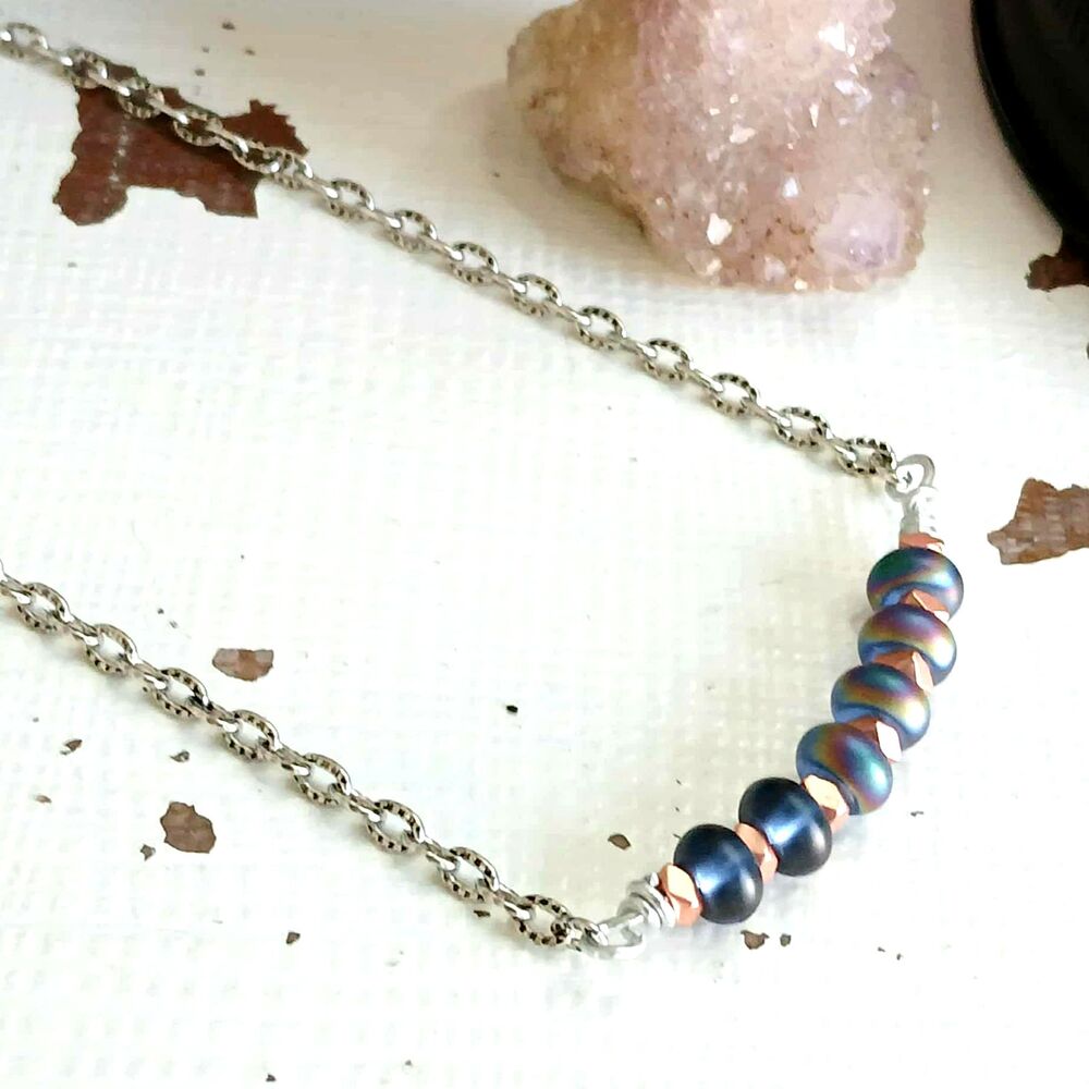 Holographic Glass & Plated Hematite Crystal Bar Choker Necklace, 14"
